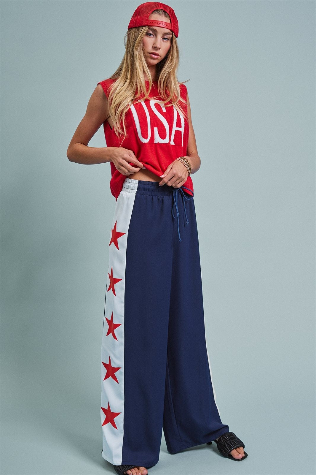Varsity Star Side Stripe Wide-Leg Pants in Navy - Women's Pants | Urban Daizy
