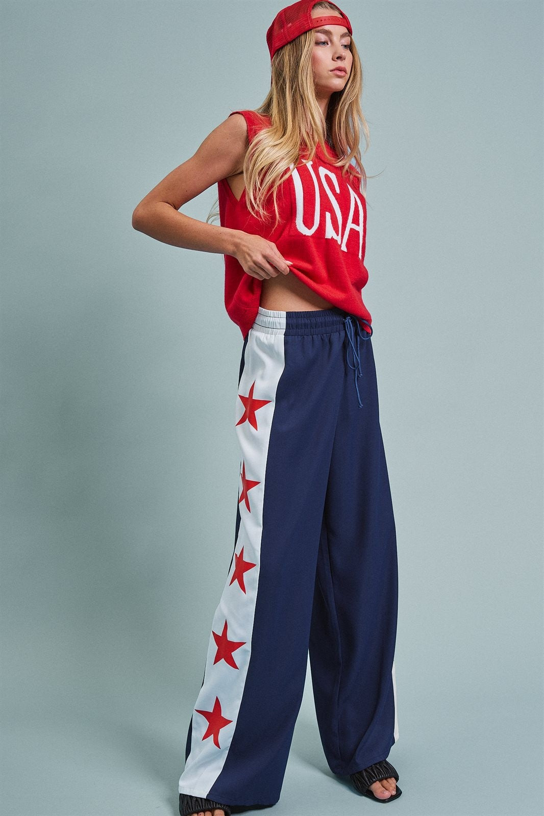 Varsity Star Side Stripe Wide-Leg Pants in Navy - Women's Pants | Urban Daizy