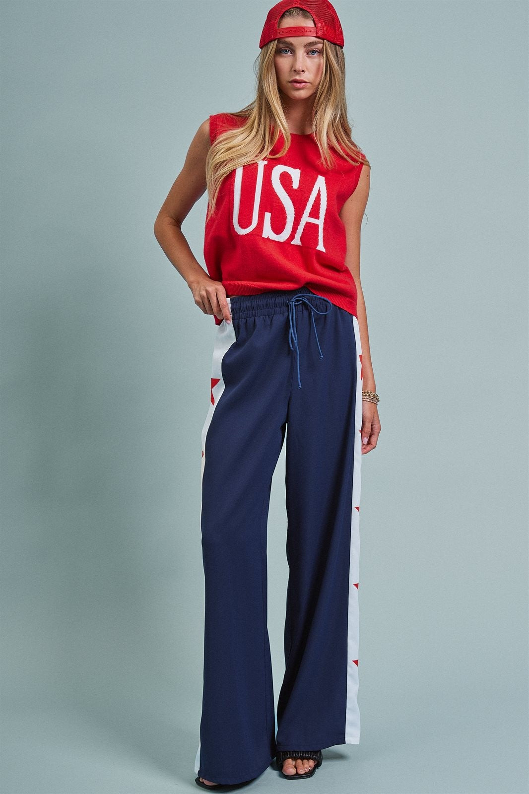 Varsity Star Side Stripe Wide-Leg Pants in Navy - Women's Pants | Urban Daizy