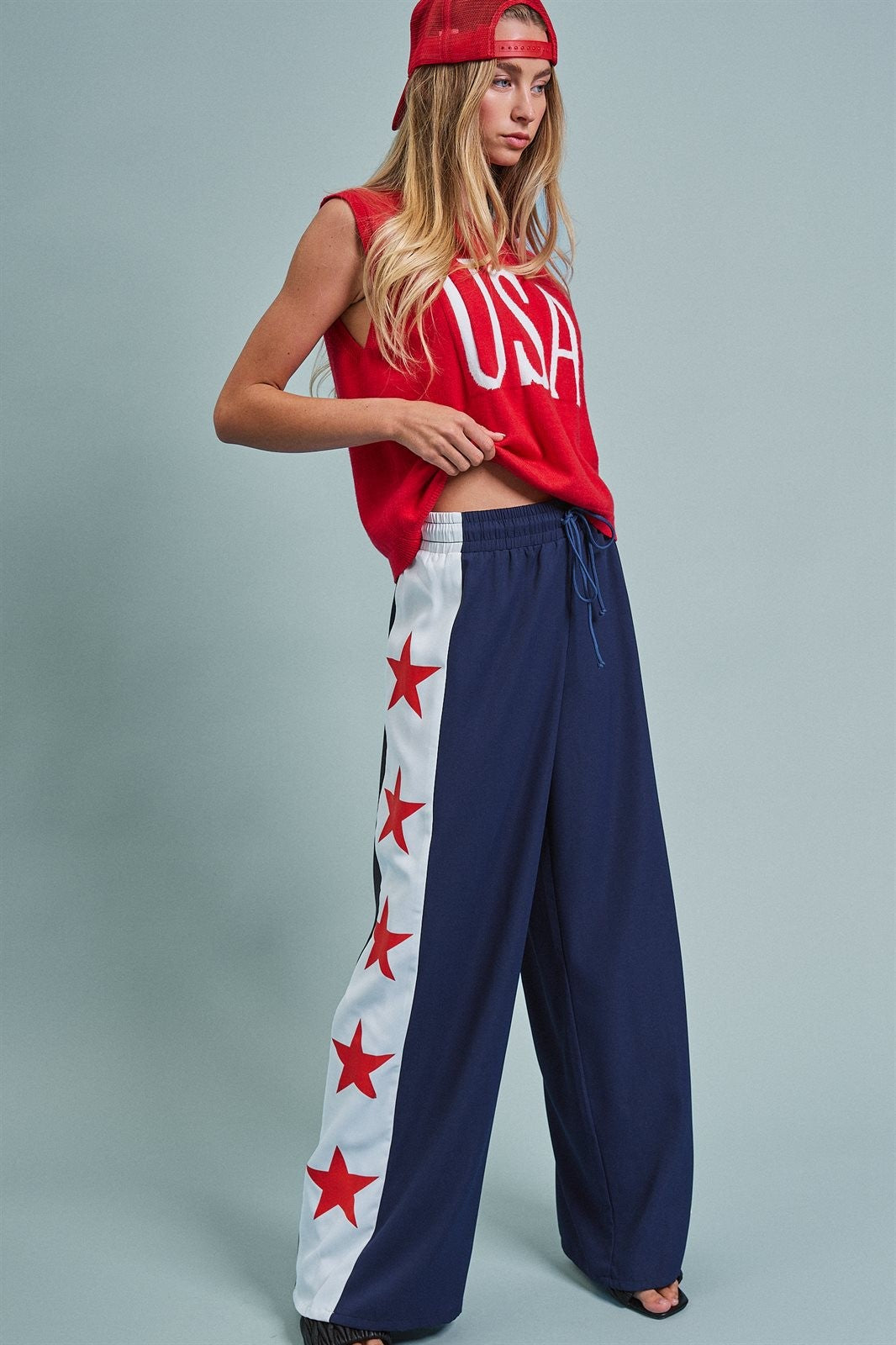Varsity Star Side Stripe Wide-Leg Pants in Navy - Women's Pants | Urban Daizy