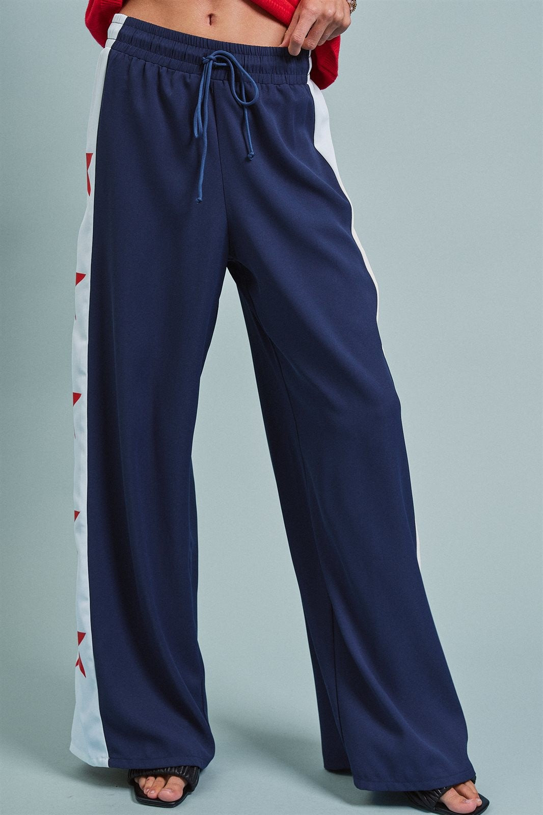 Varsity Star Side Stripe Wide-Leg Pants in Navy - Women's Pants | Urban Daizy