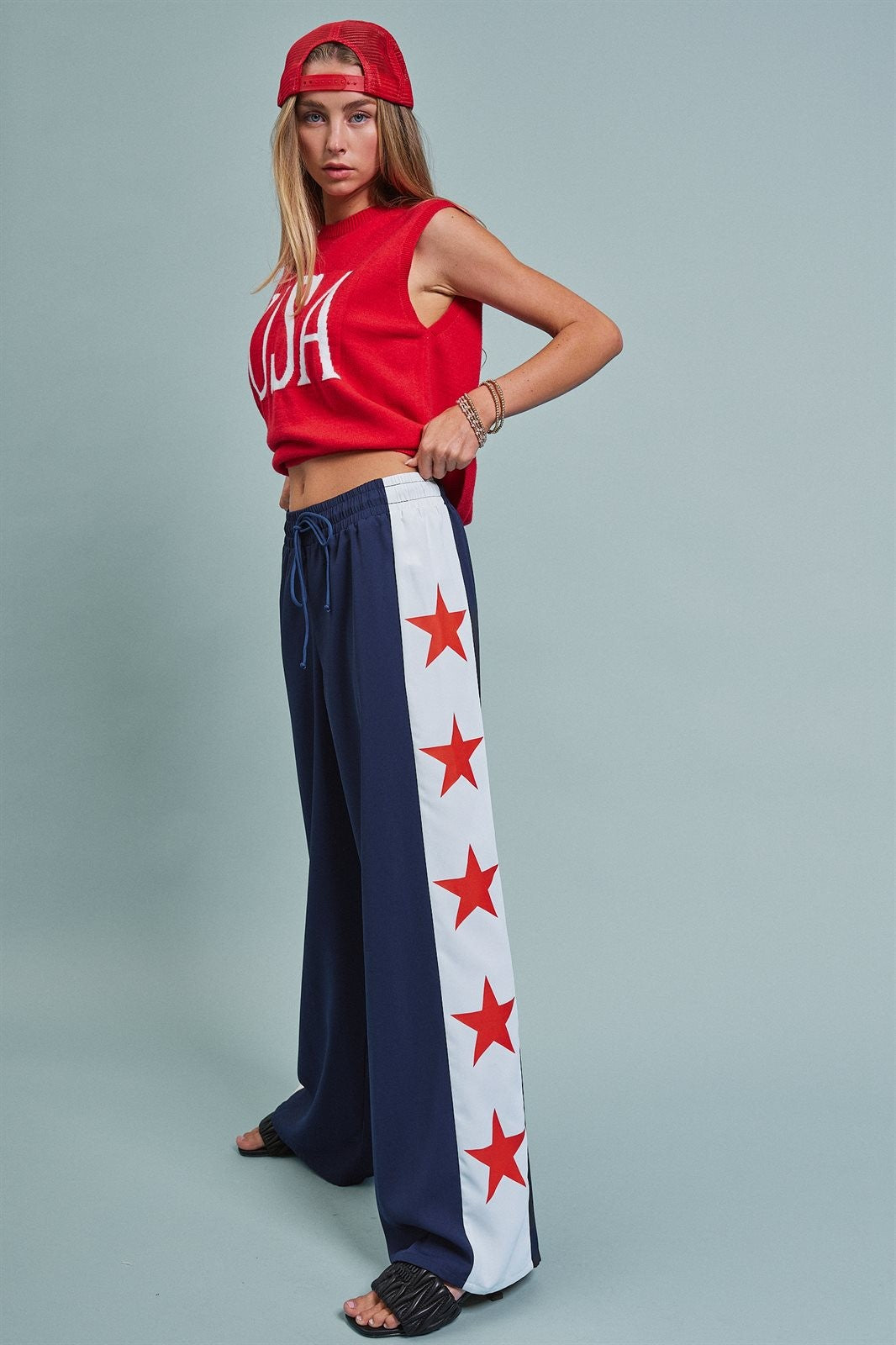 Varsity Star Side Stripe Wide-Leg Pants in Navy - Women's Pants | Urban Daizy