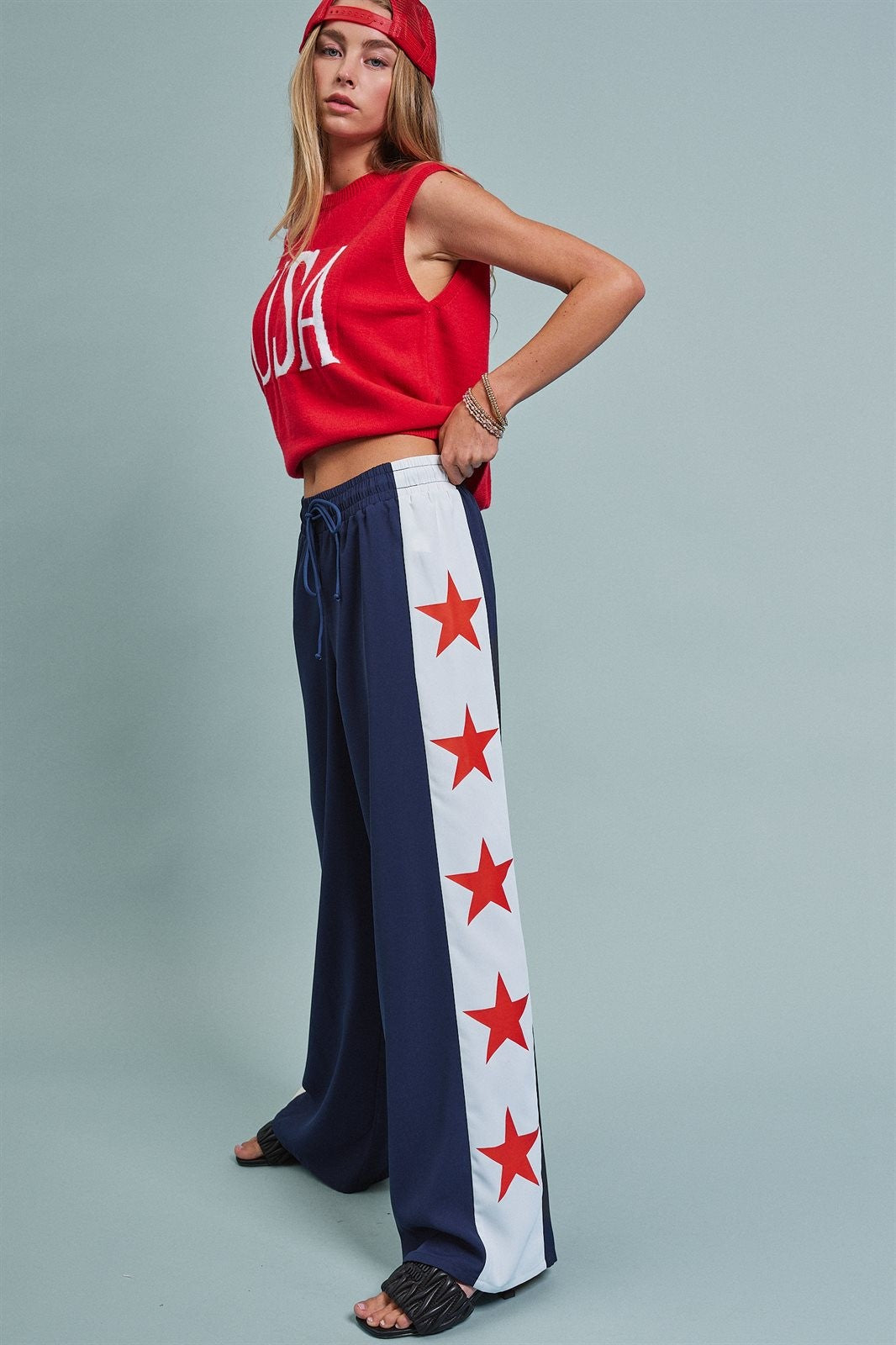 Varsity Star Side Stripe Wide-Leg Pants in Navy - Women's Pants | Urban Daizy
