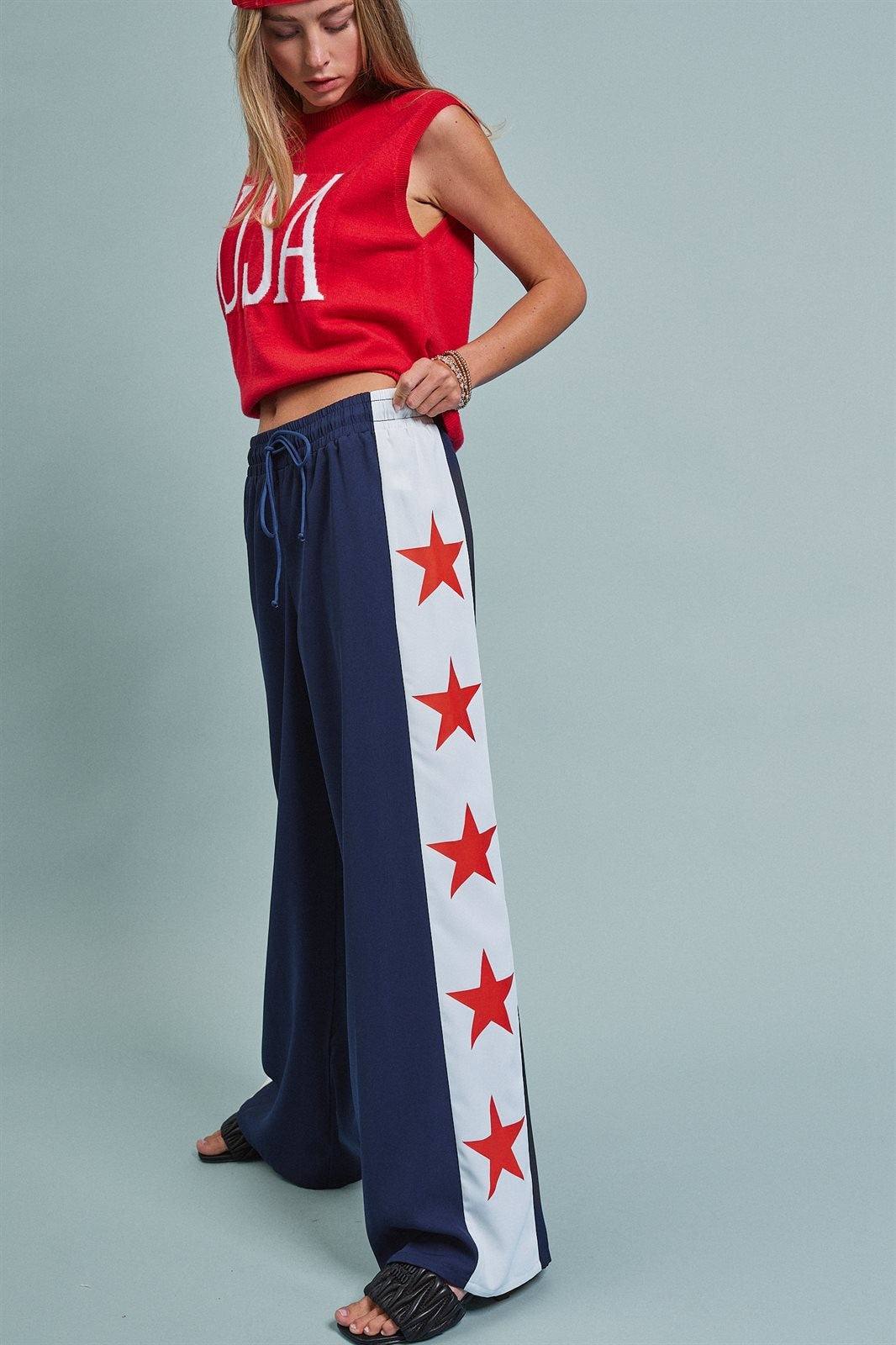 Varsity Star Side Stripe Wide-Leg Pants in Navy - Women's Pants | Urban Daizy