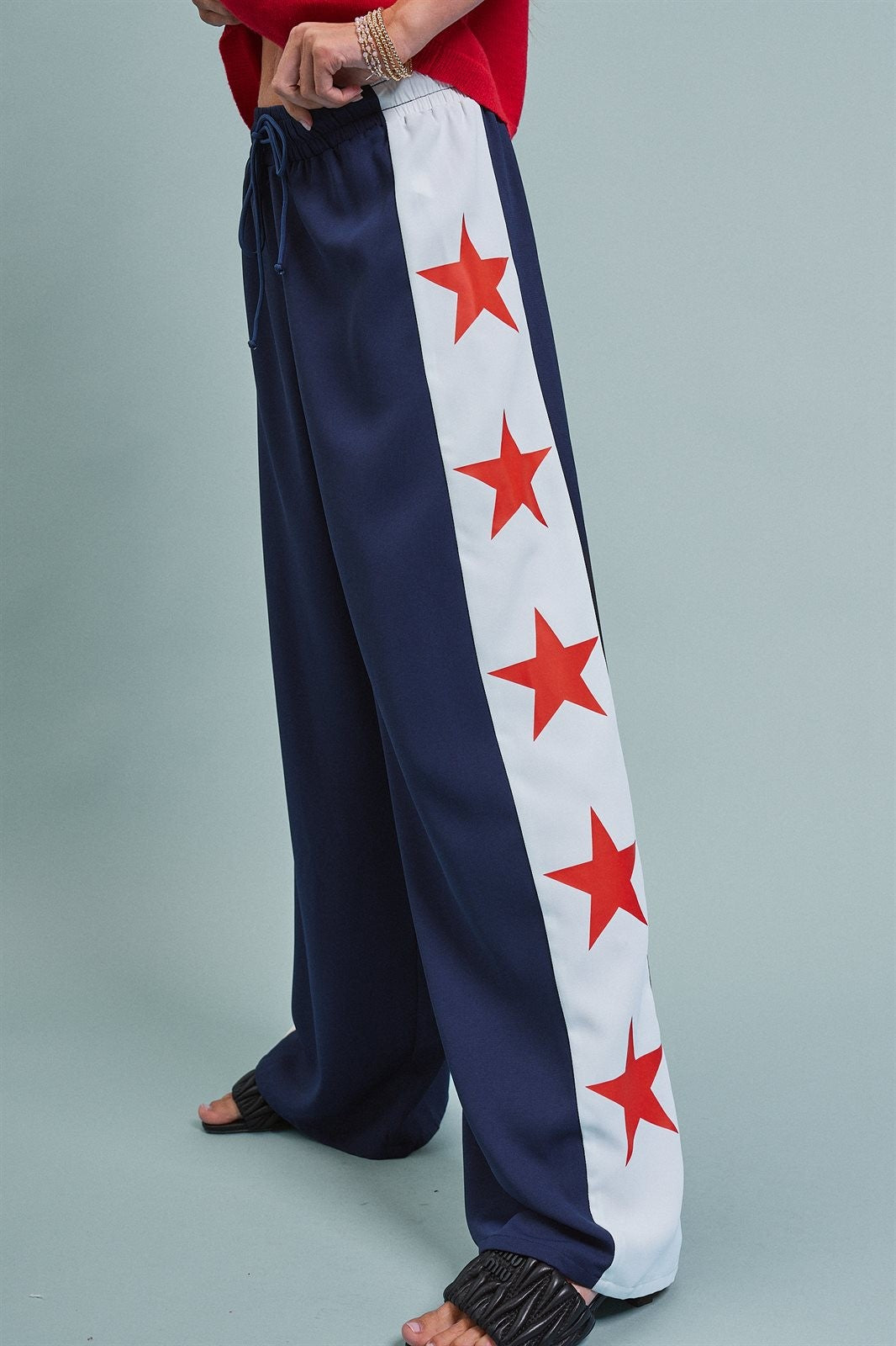 Varsity Star Side Stripe Wide-Leg Pants in Navy - Women's Pants | Urban Daizy