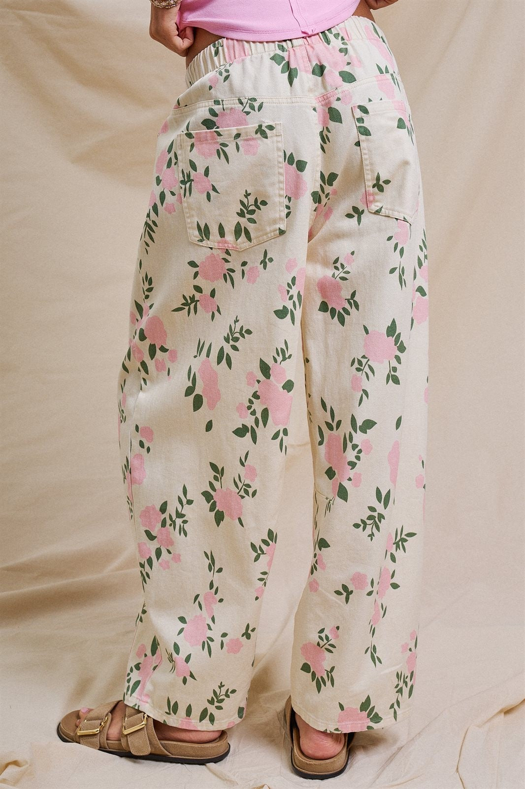 Floral Print Wide-Leg Drawstring Pants in Cream Pink - Women's Pants | Urban Daizy