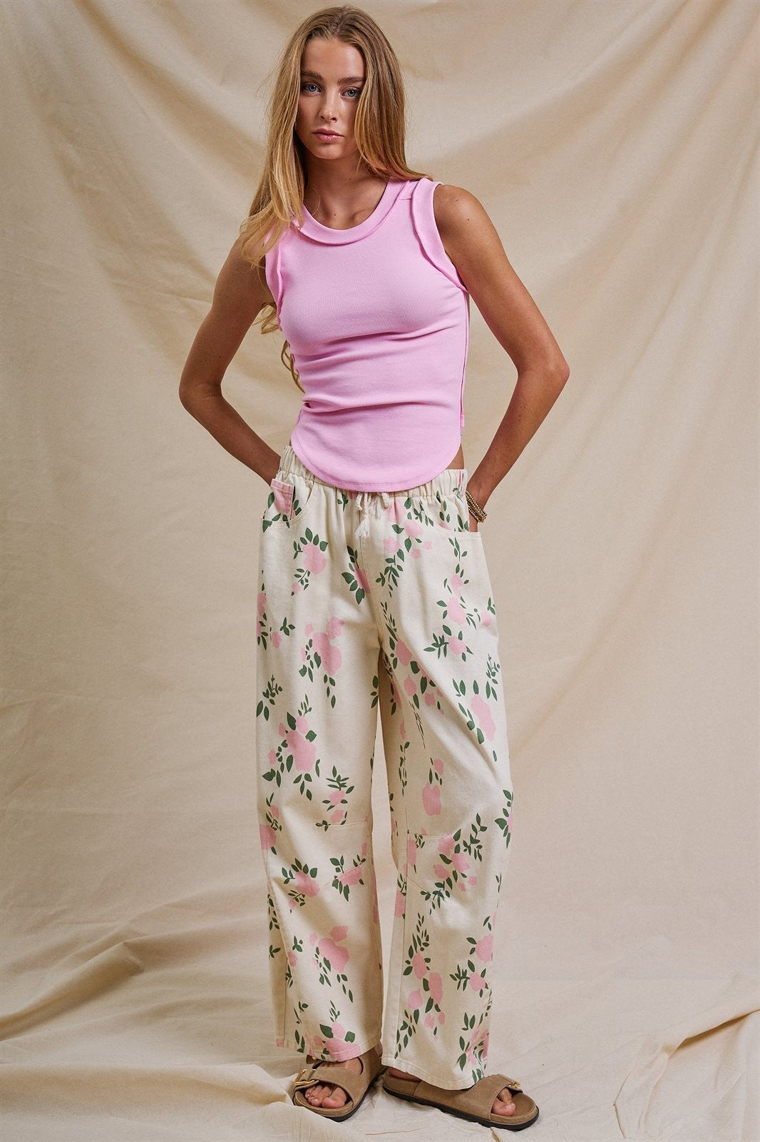 Floral Print Wide-Leg Drawstring Pants in Cream Pink - Women's Pants | Urban Daizy