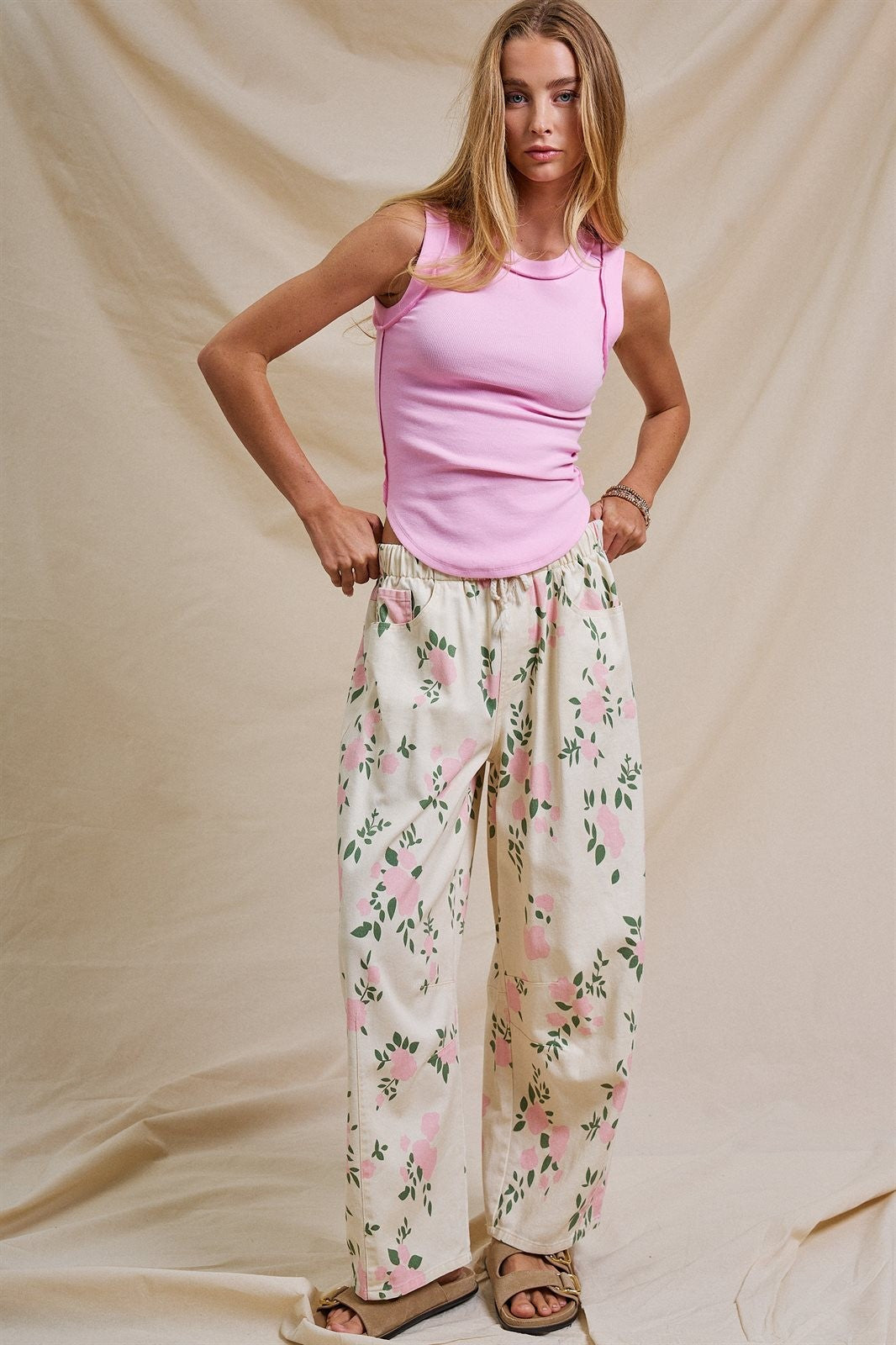 Floral Print Wide-Leg Drawstring Pants in Cream Pink - Women's Pants | Urban Daizy