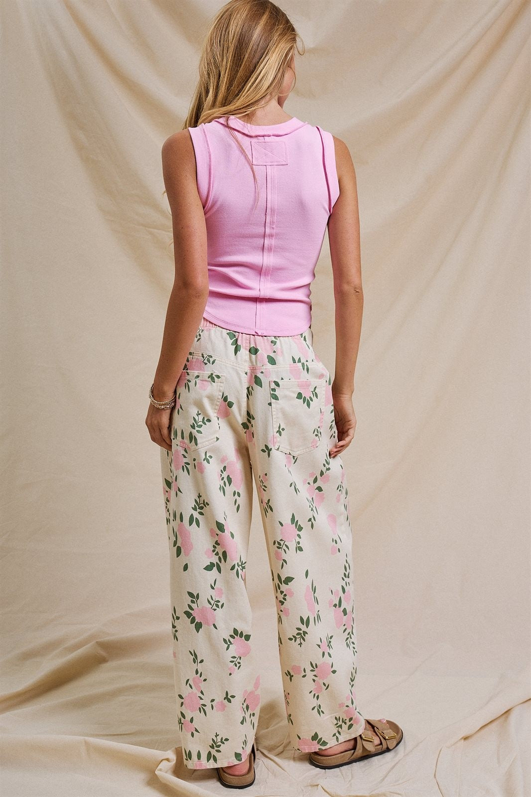 Floral Print Wide-Leg Drawstring Pants in Cream Pink - Women's Pants | Urban Daizy