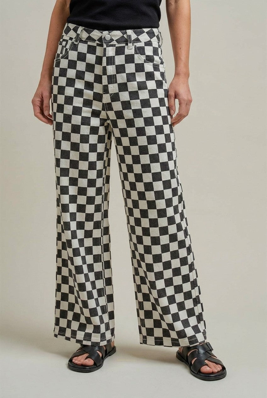 Checker Print Wide Leg Cotton Twill Pants in Ivory Black - Women's Pants | Urban Daizy