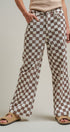 Checker Print Wide Leg Cotton Twill Pants in Ivory Brown - Women's Pants | Urban Daizy