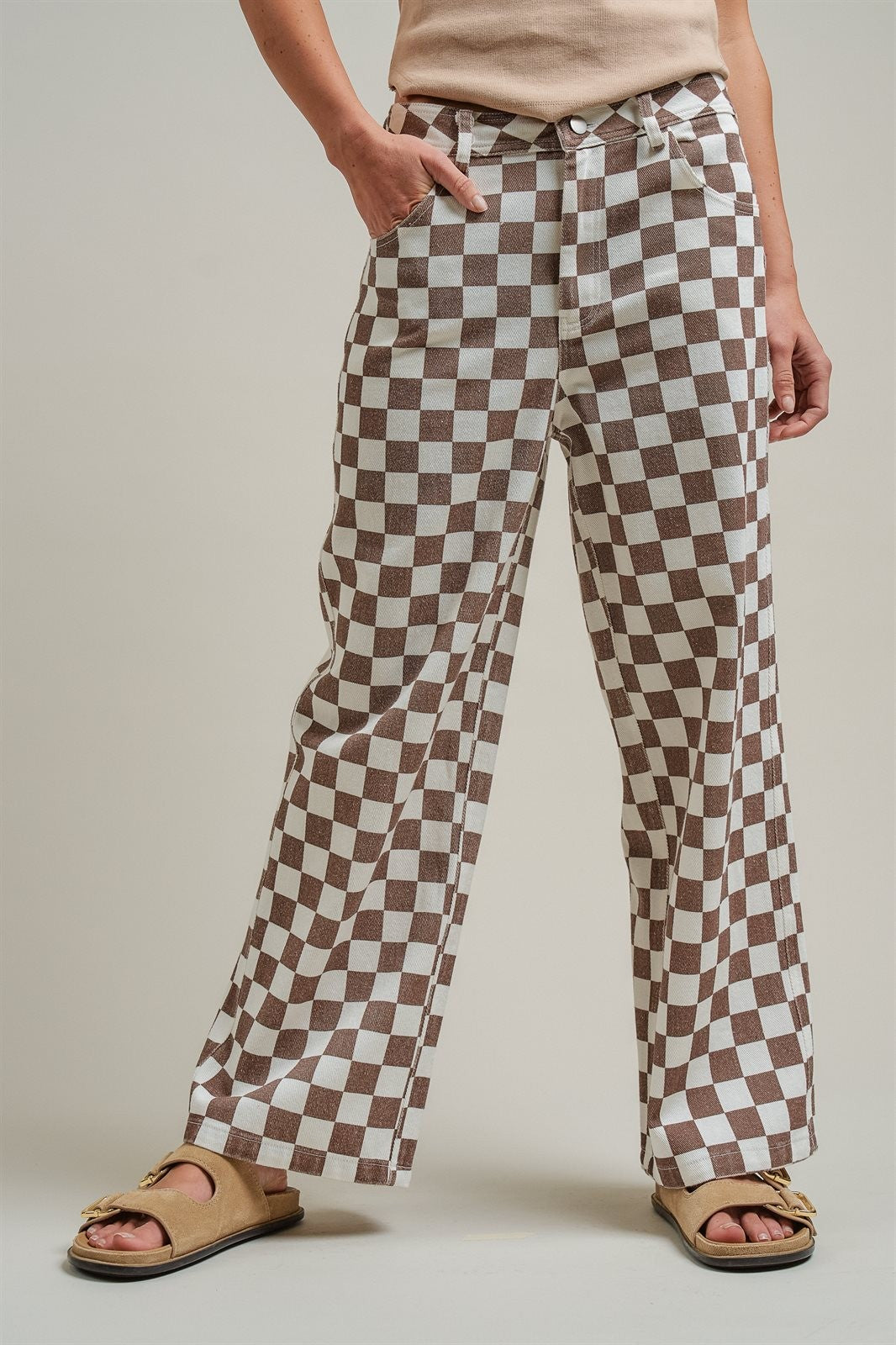Checker Print Wide Leg Cotton Twill Pants in Ivory Brown - Women's Pants | Urban Daizy