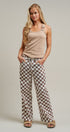 Checker Print Wide Leg Cotton Twill Pants in Ivory Brown - Women's Pants | Urban Daizy
