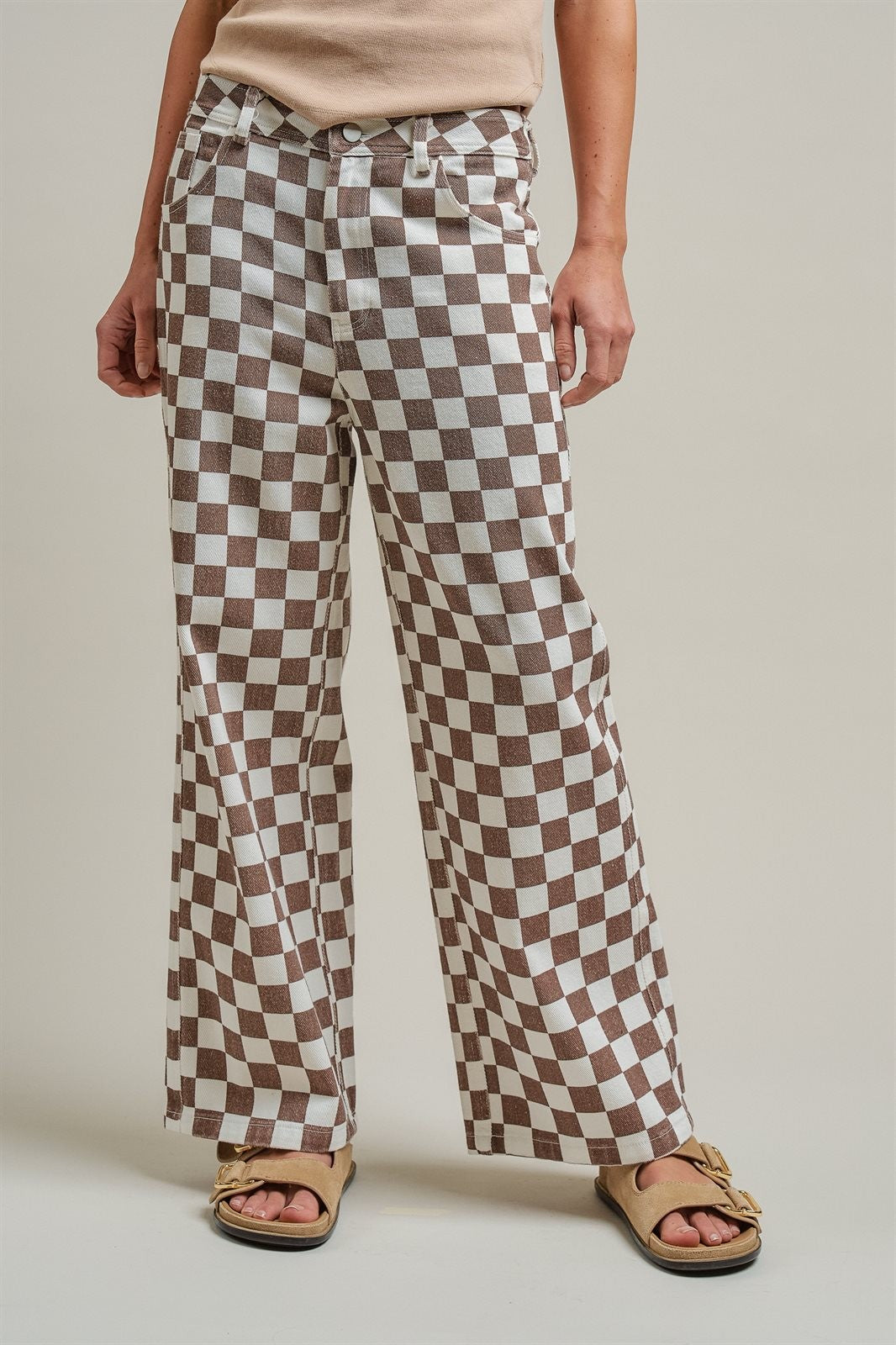 Checker Print Wide Leg Cotton Twill Pants in Ivory Brown - Women's Pants | Urban Daizy