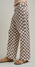 Checker Print Wide Leg Cotton Twill Pants in Ivory Brown - Women's Pants | Urban Daizy