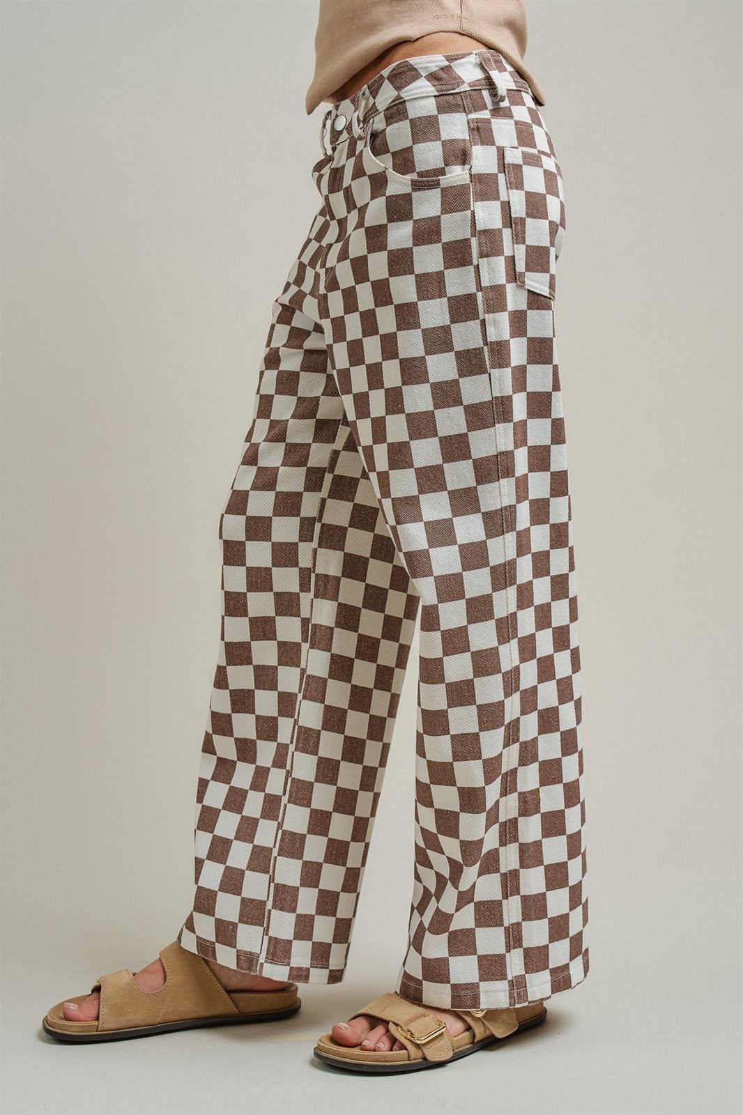 Checker Print Wide Leg Cotton Twill Pants in Ivory Brown - Women's Pants | Urban Daizy