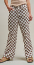 Checker Print Wide Leg Cotton Twill Pants in Ivory Brown - Women's Pants | Urban Daizy