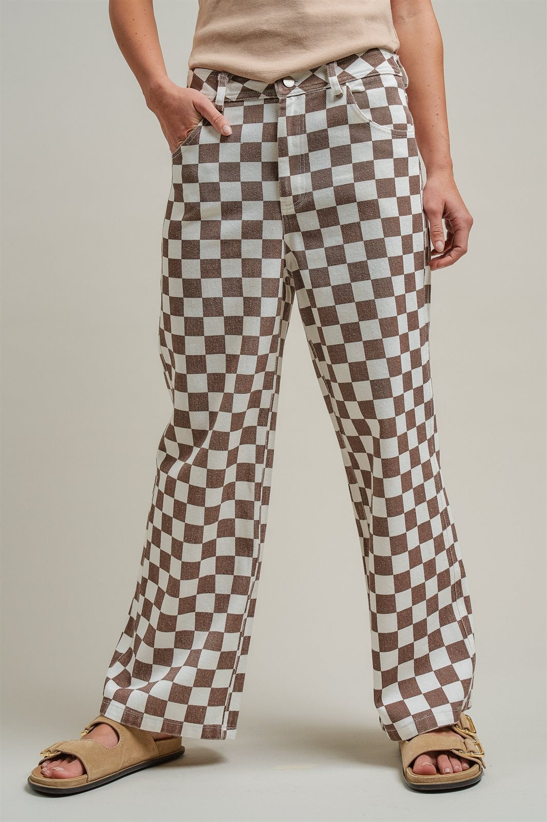 Checker Print Wide Leg Cotton Twill Pants in Ivory Brown - Women's Pants | Urban Daizy