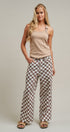 Checker Print Wide Leg Cotton Twill Pants in Ivory Brown - Women's Pants | Urban Daizy