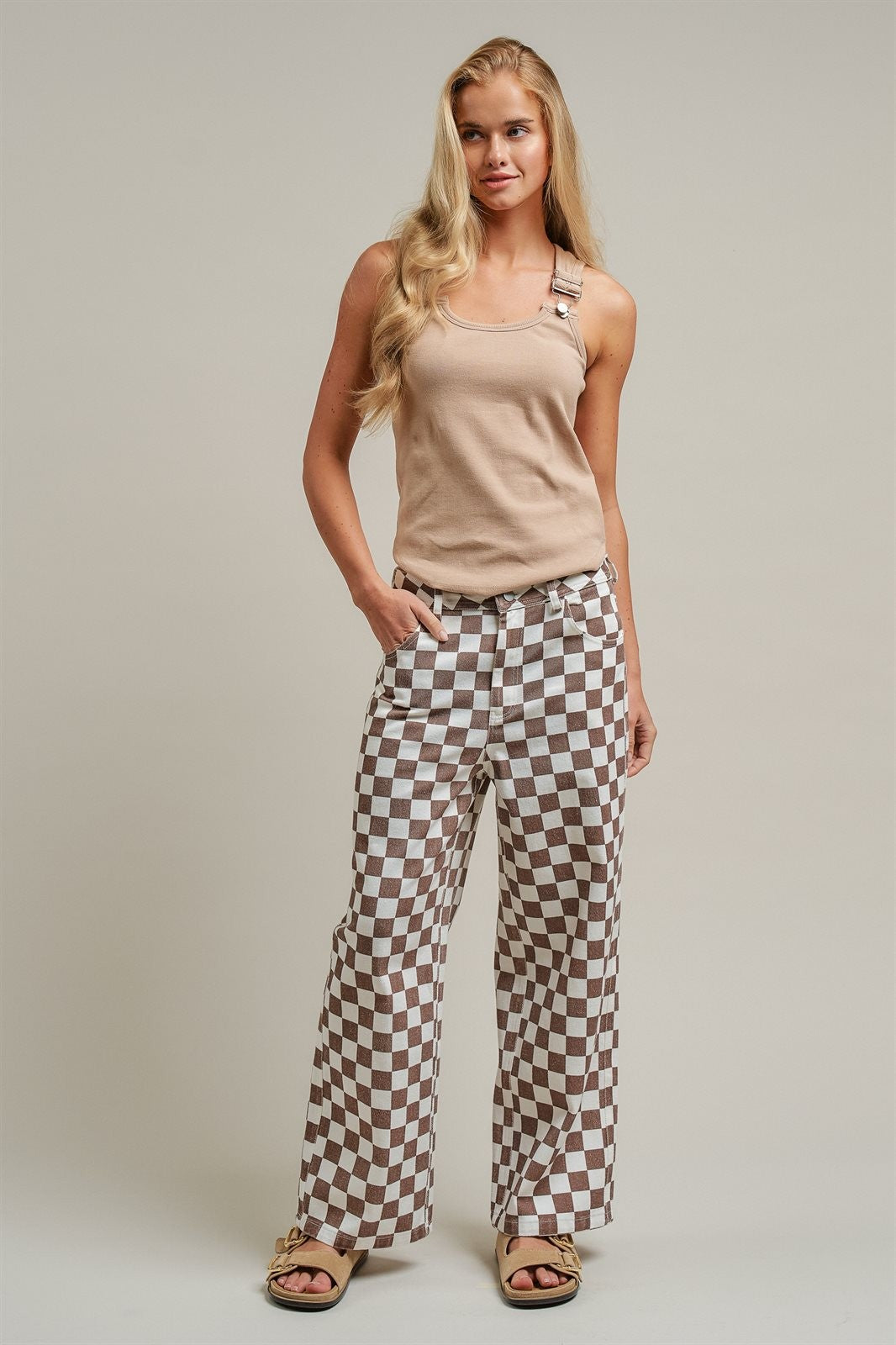 Checker Print Wide Leg Cotton Twill Pants in Ivory Brown - Women's Pants | Urban Daizy