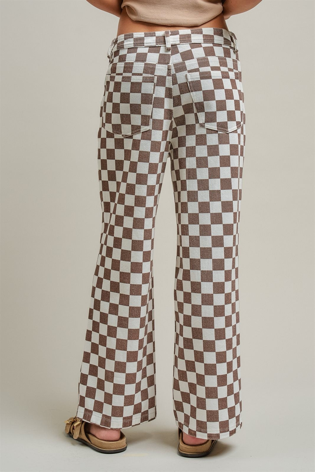 Checker Print Wide Leg Cotton Twill Pants in Ivory Brown - Women's Pants | Urban Daizy