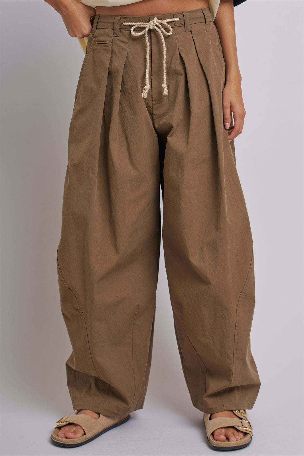 Wide-Leg Pleated Drawcord Trouser Pants in Camel - Women's Pants | Urban Daizy