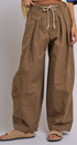 Wide-Leg Pleated Drawcord Trouser Pants in Camel - Women's Pants | Urban Daizy