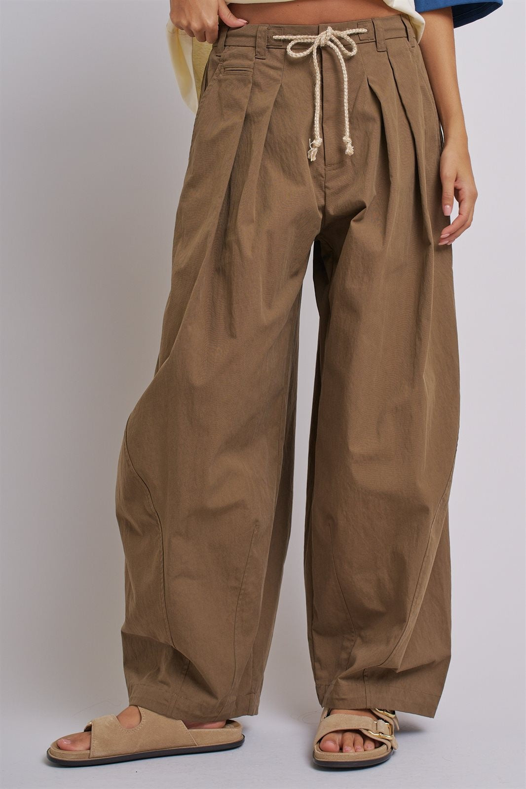 Wide-Leg Pleated Drawcord Trouser Pants in Camel - Women's Pants | Urban Daizy