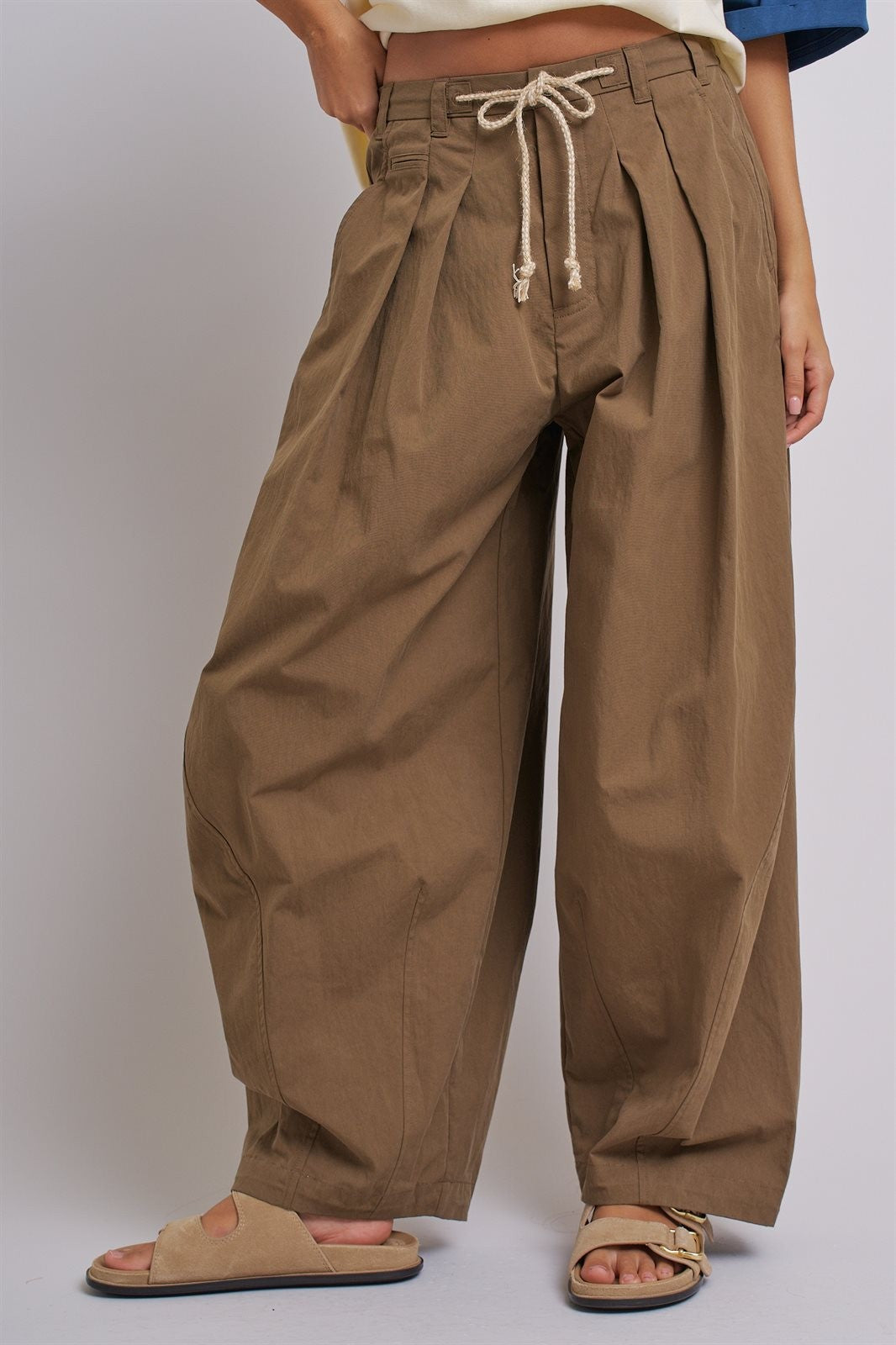 Wide-Leg Pleated Drawcord Trouser Pants in Camel - Women's Pants | Urban Daizy