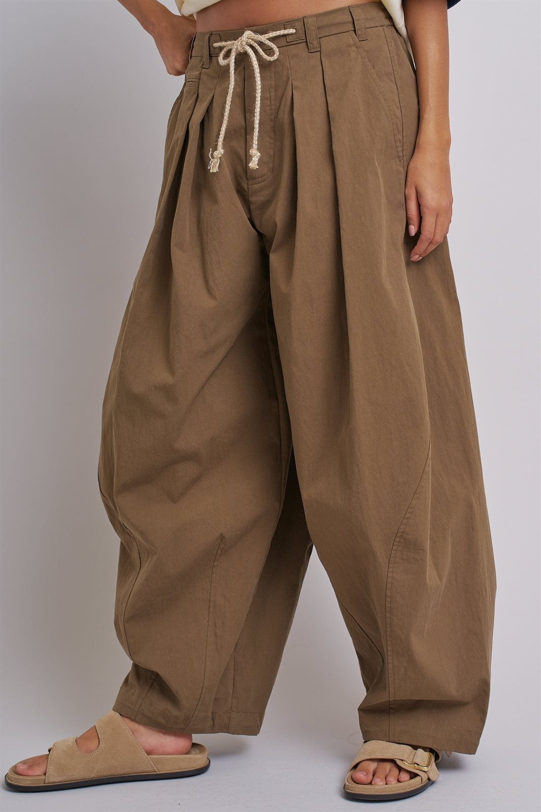 Wide-Leg Pleated Drawcord Trouser Pants in Camel - Women's Pants | Urban Daizy