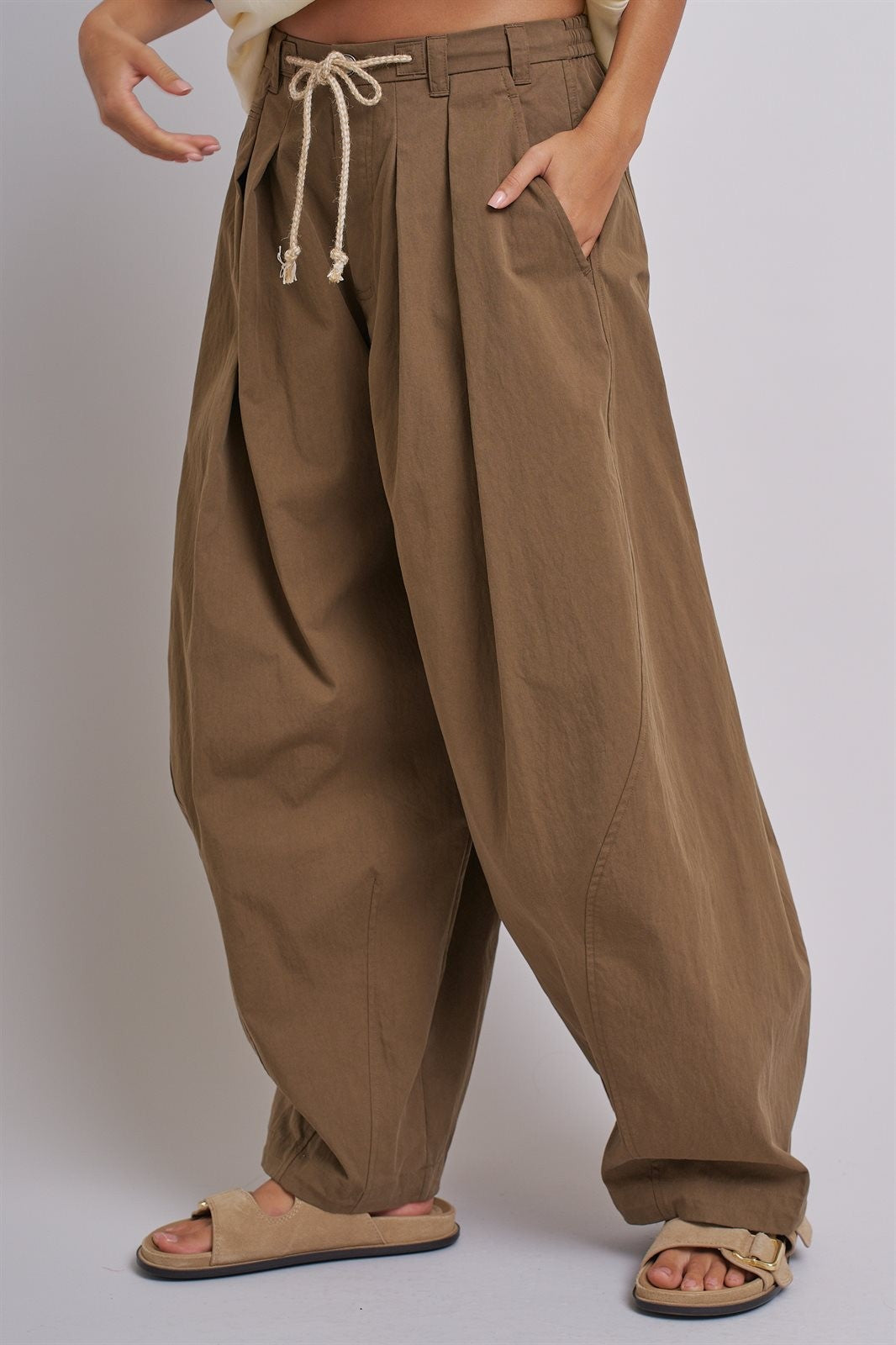 Wide-Leg Pleated Drawcord Trouser Pants in Camel - Women's Pants | Urban Daizy