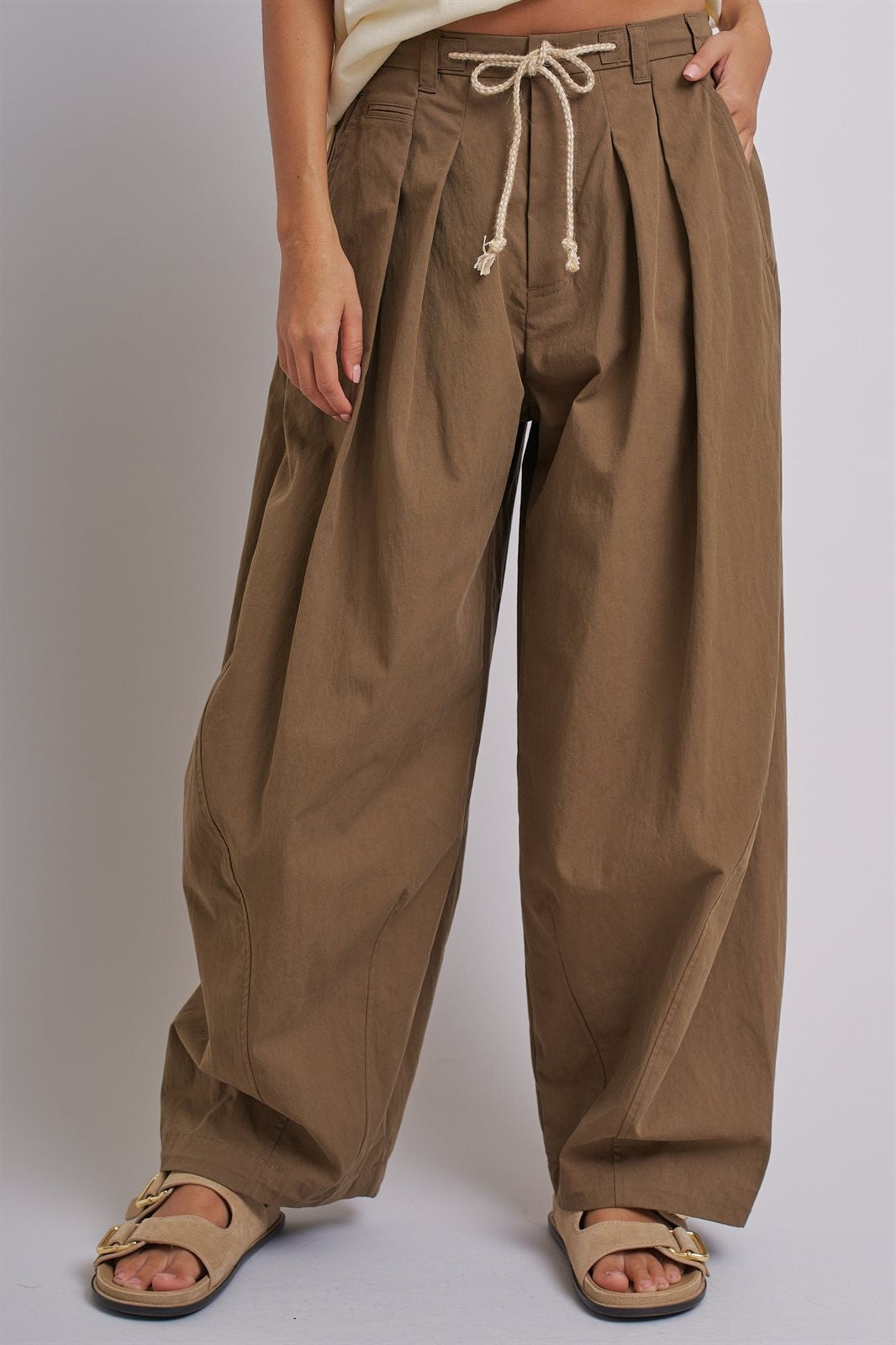 Wide-Leg Pleated Drawcord Trouser Pants in Camel - Women's Pants | Urban Daizy