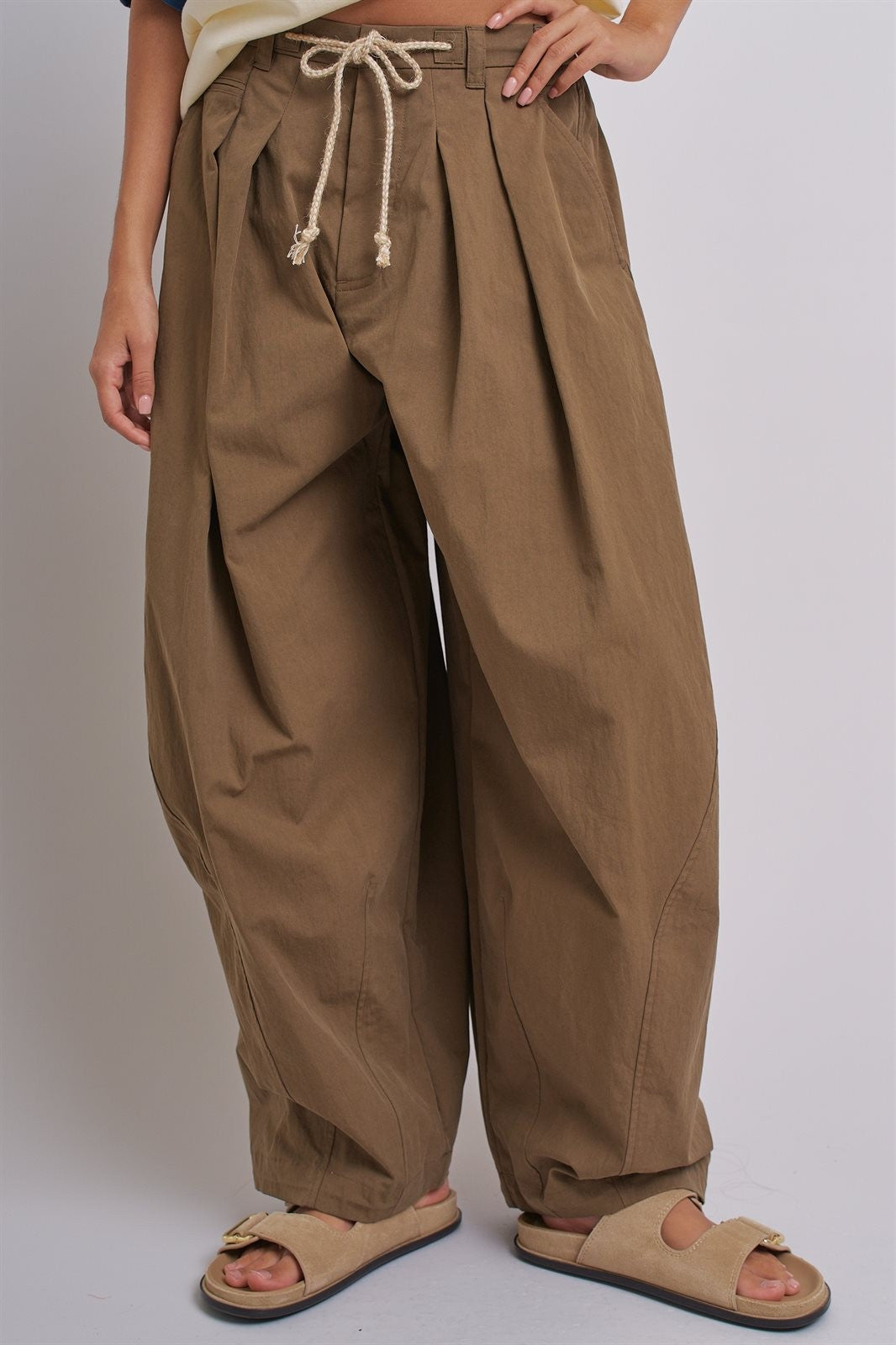 Wide-Leg Pleated Drawcord Trouser Pants in Camel - Women's Pants | Urban Daizy
