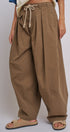 Wide-Leg Pleated Drawcord Trouser Pants in Camel - Women's Pants | Urban Daizy