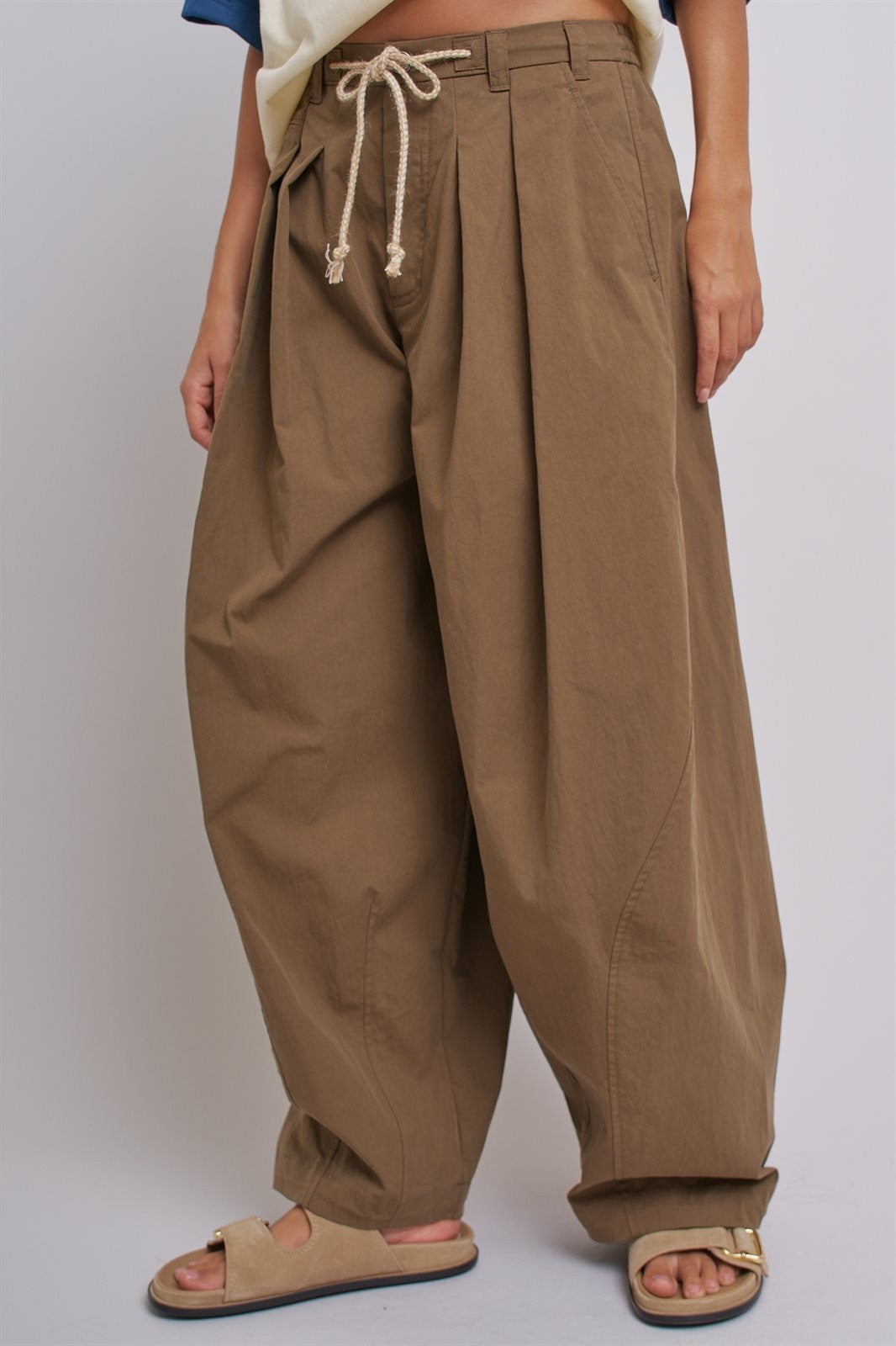 Wide-Leg Pleated Drawcord Trouser Pants in Camel - Women's Pants | Urban Daizy