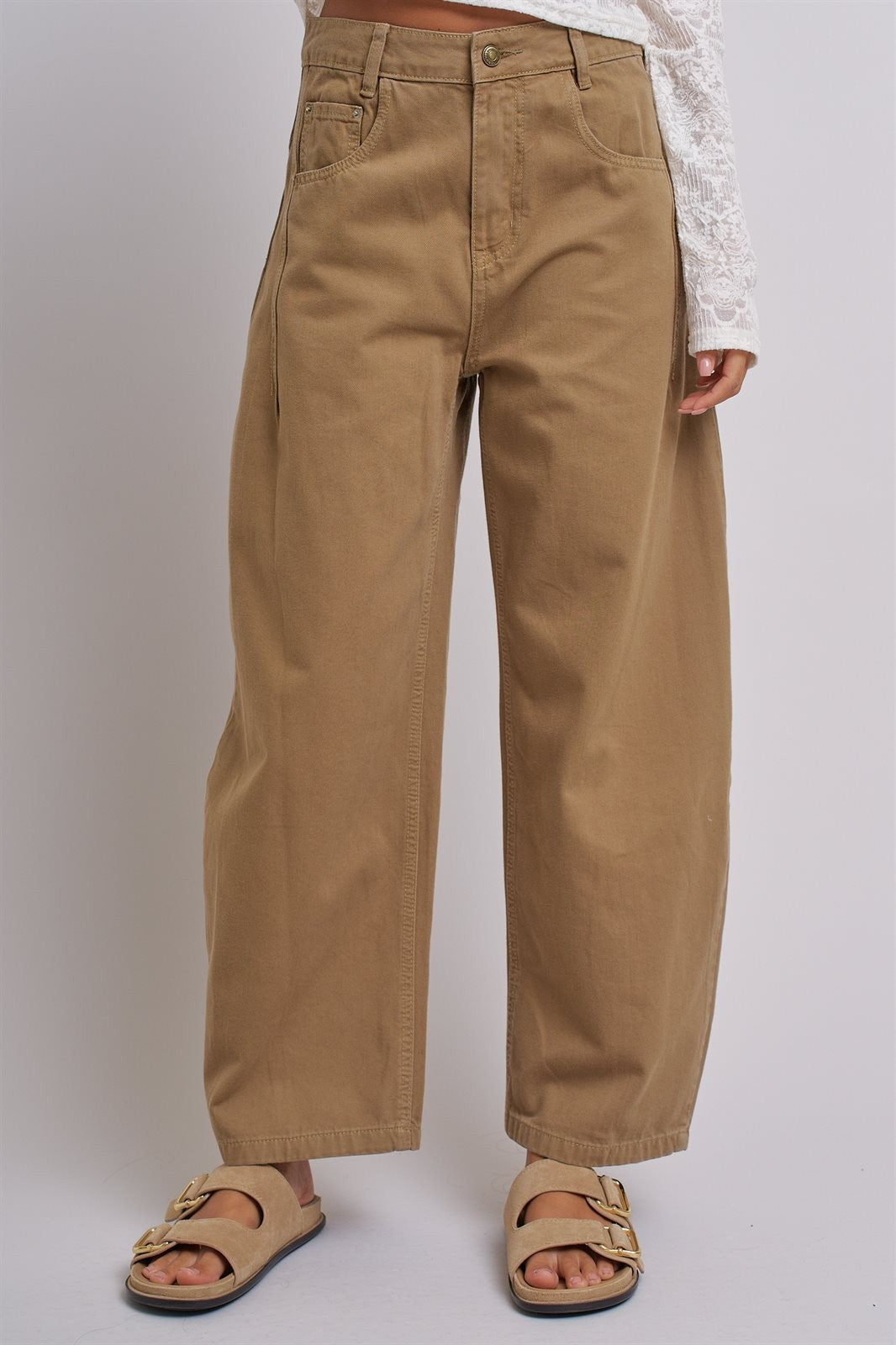 Cotton Barrel Leg High Rise Pants in Camel - Women's Pants | Urban Daizy