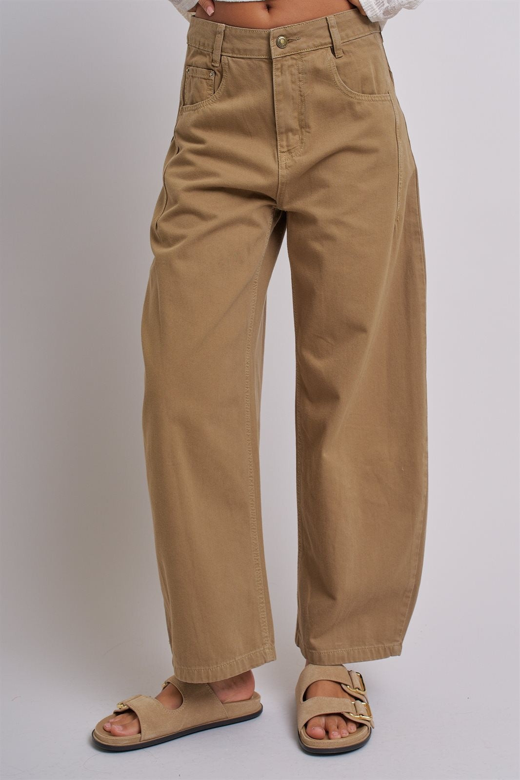 Cotton Barrel Leg High Rise Pants in Camel - Women's Pants | Urban Daizy