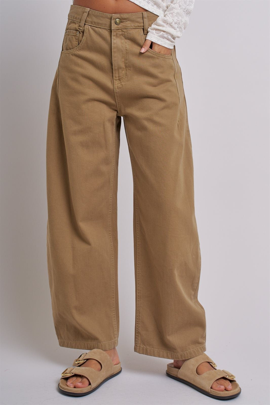 Cotton Barrel Leg High Rise Pants in Camel - Women's Pants | Urban Daizy