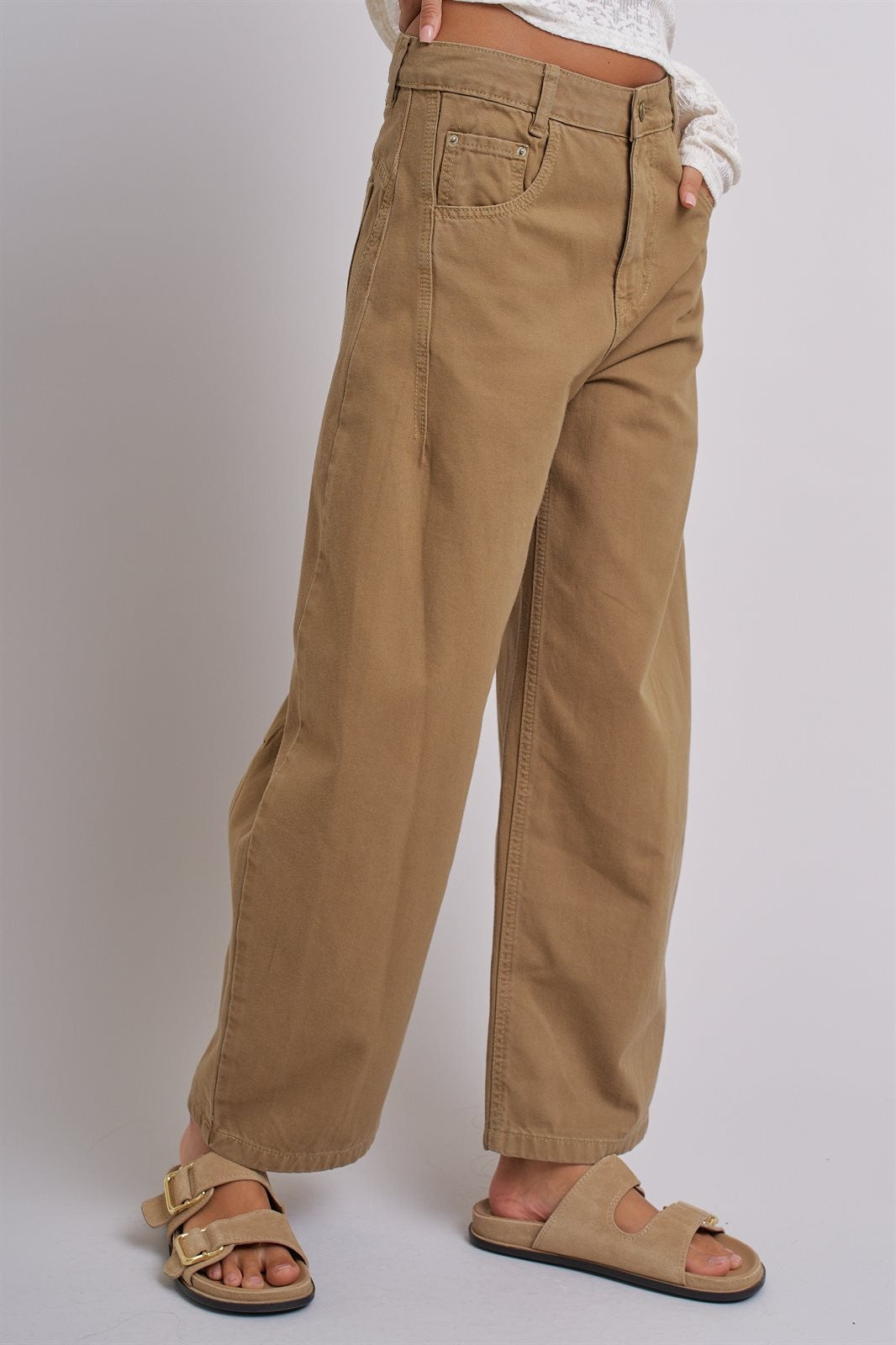 Cotton Barrel Leg High Rise Pants in Camel - Women's Pants | Urban Daizy