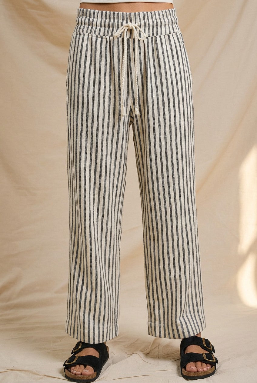 Cotton Stripe Wide Leg Drawstring Pants in Ivory Black - Women's Pants | Urban Daizy
