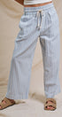 Cotton Stripe Wide Leg Drawstring Pants in Ivory Blue - Women's Pants | Urban Daizy