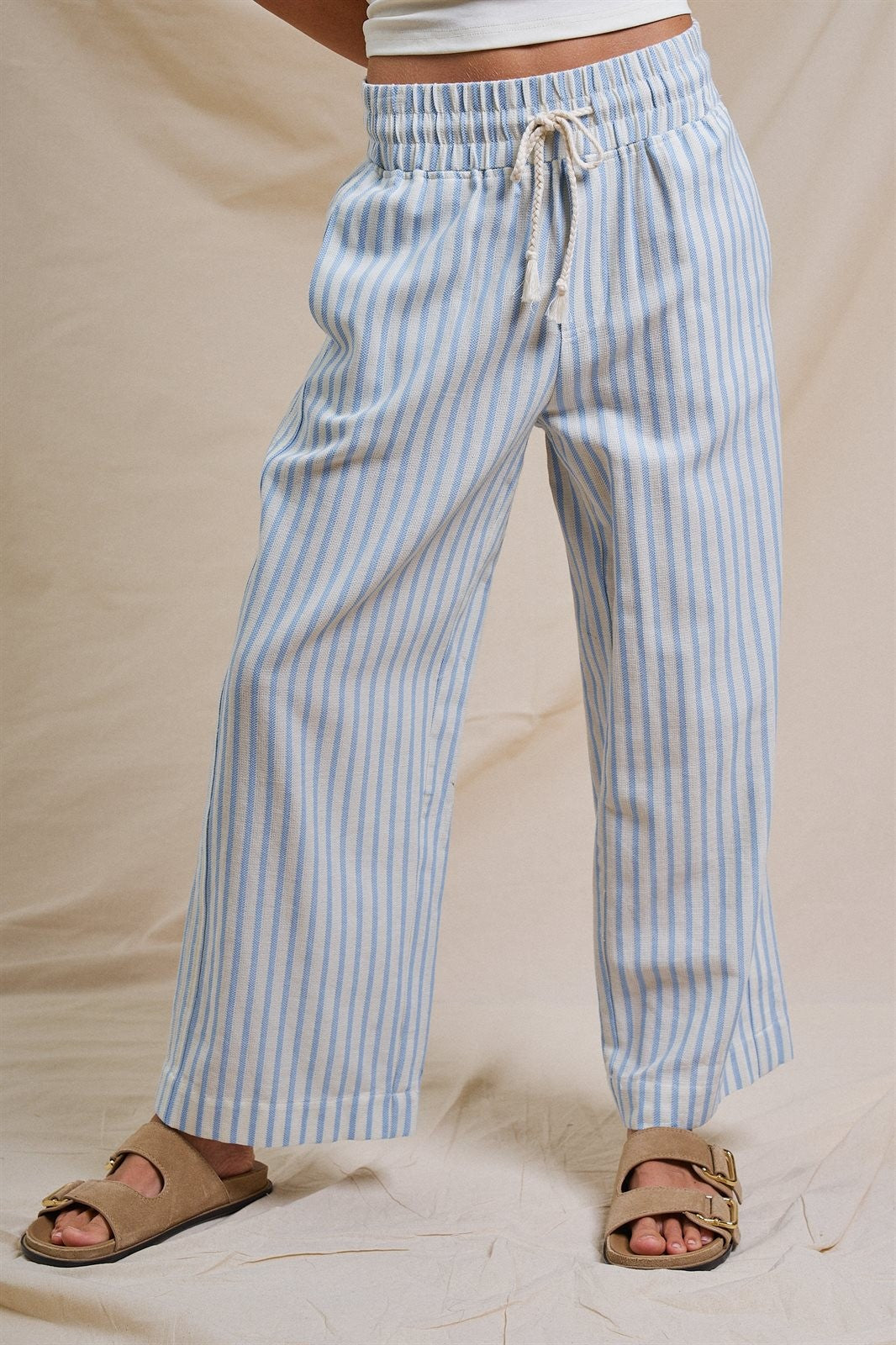 Cotton Stripe Wide Leg Drawstring Pants in Ivory Blue - Women's Pants | Urban Daizy