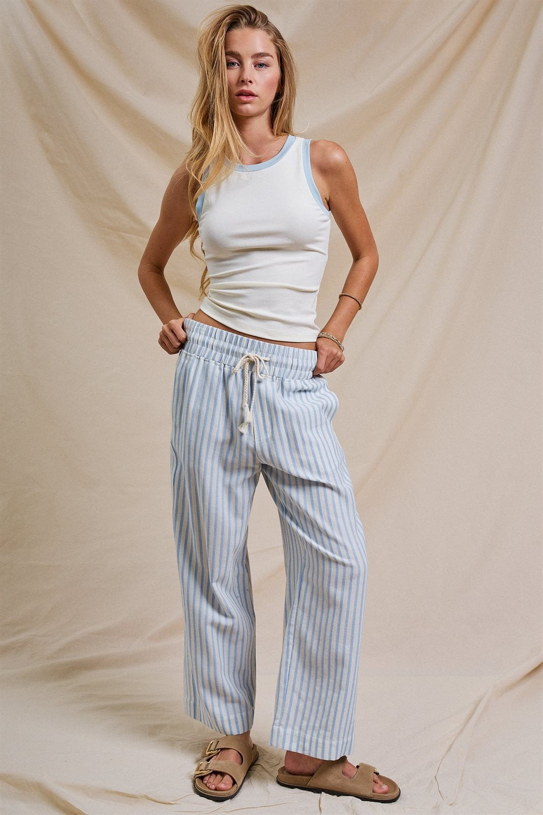 Cotton Stripe Wide Leg Drawstring Pants in Ivory Blue - Women's Pants | Urban Daizy