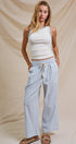 Cotton Stripe Wide Leg Drawstring Pants in Ivory Blue - Women's Pants | Urban Daizy
