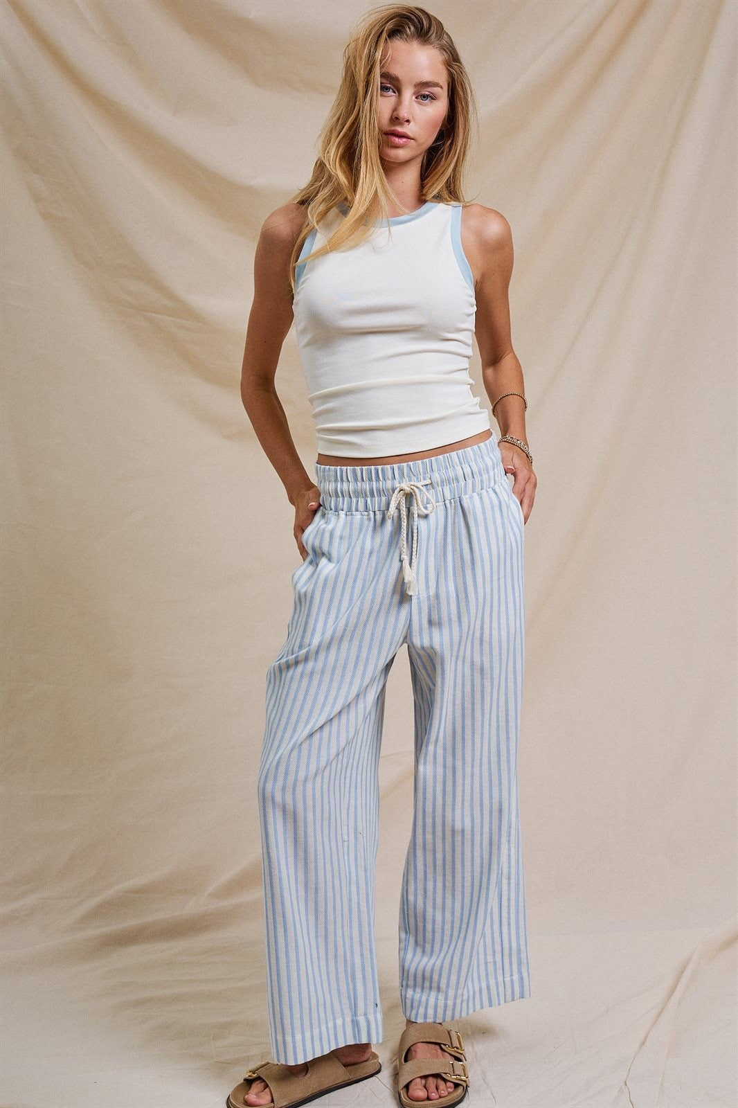 Cotton Stripe Wide Leg Drawstring Pants in Ivory Blue - Women's Pants | Urban Daizy