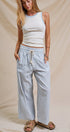 Cotton Stripe Wide Leg Drawstring Pants in Ivory Blue - Women's Pants | Urban Daizy