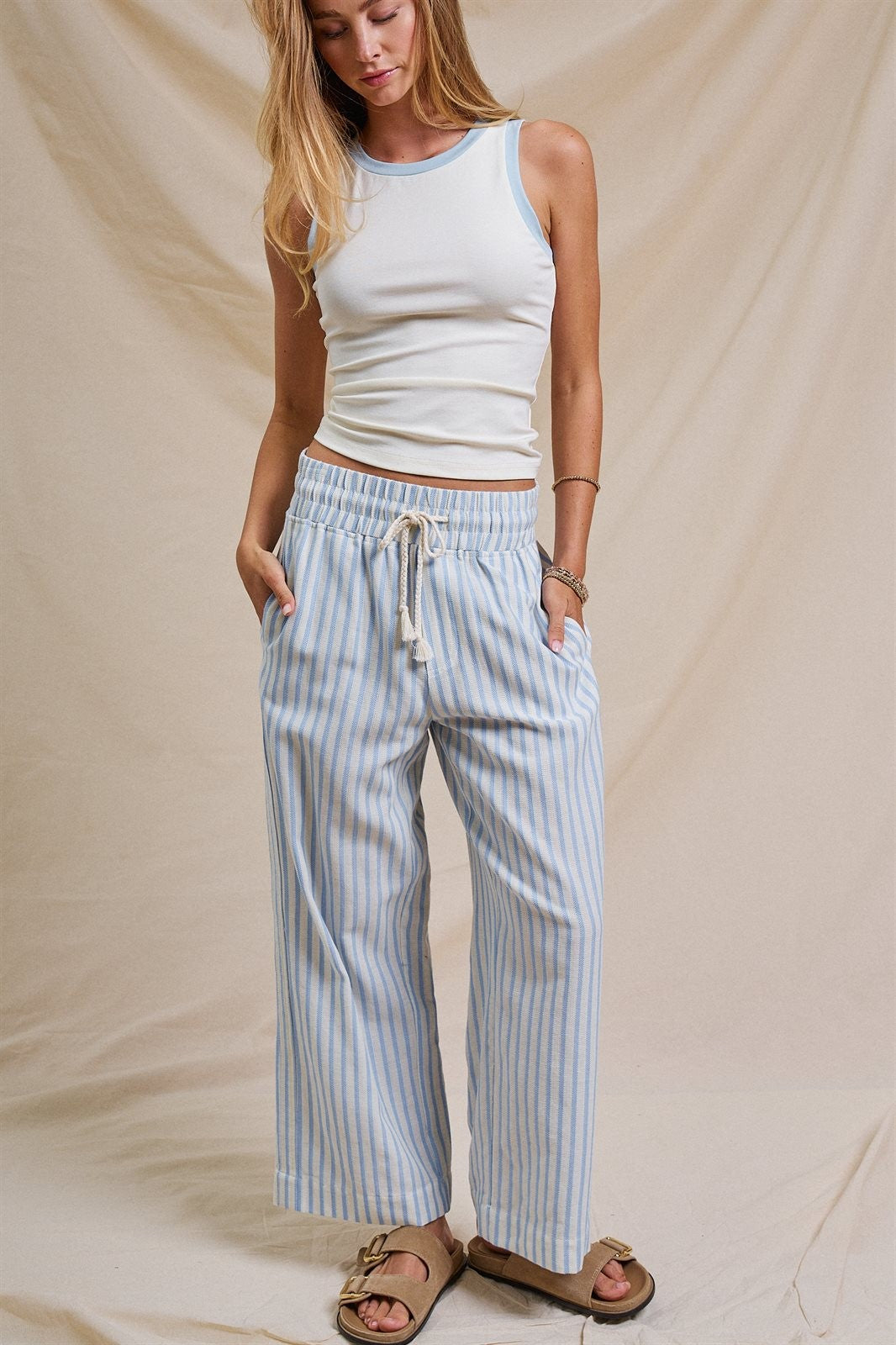 Cotton Stripe Wide Leg Drawstring Pants in Ivory Blue - Women's Pants | Urban Daizy