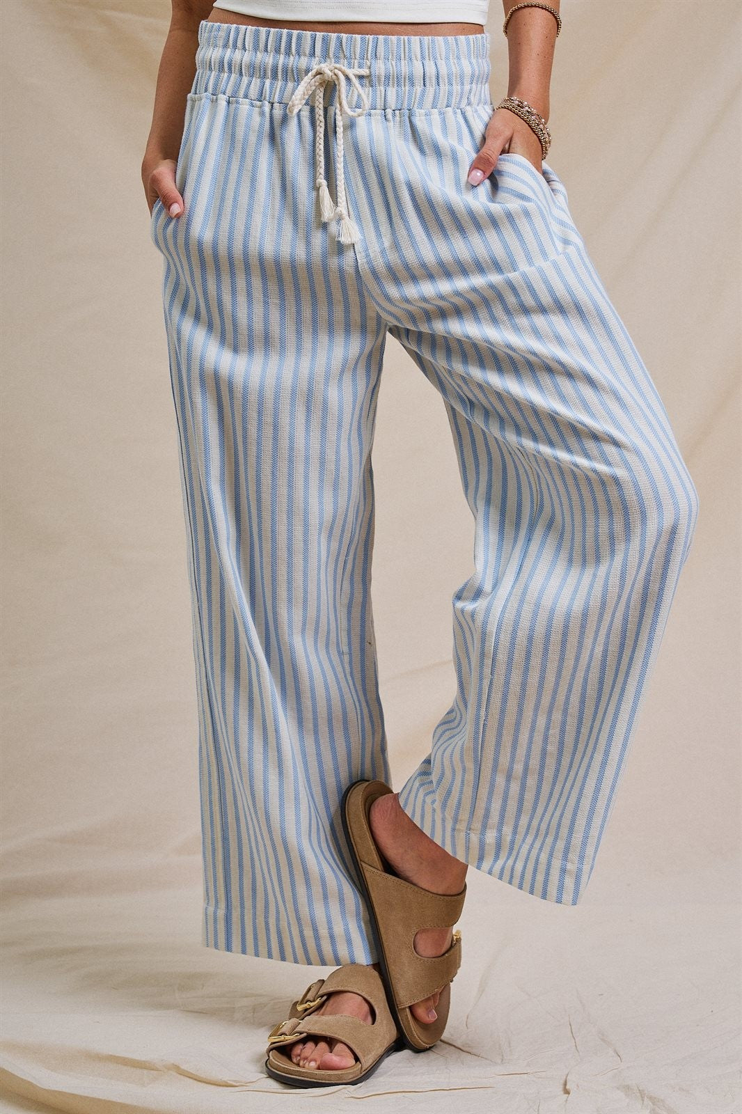 Cotton Stripe Wide Leg Drawstring Pants in Ivory Blue - Women's Pants | Urban Daizy