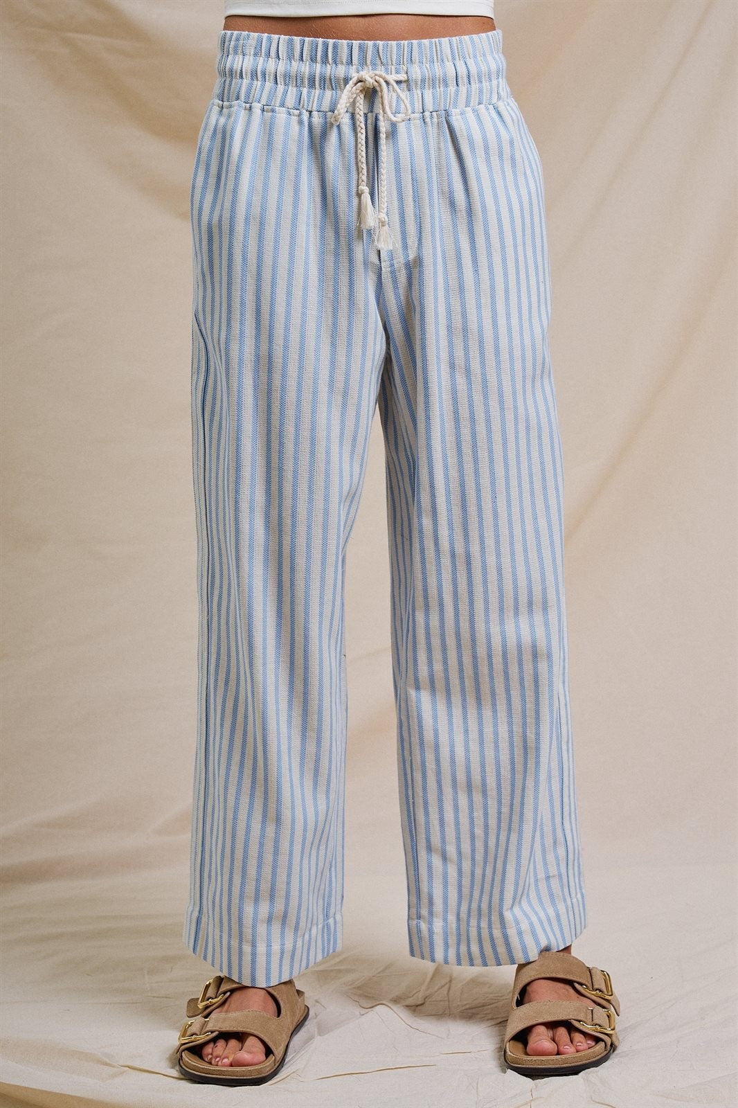 Cotton Stripe Wide Leg Drawstring Pants in Ivory Blue - Women's Pants | Urban Daizy