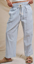 Cotton Stripe Wide Leg Drawstring Pants in Ivory Blue - Women's Pants | Urban Daizy
